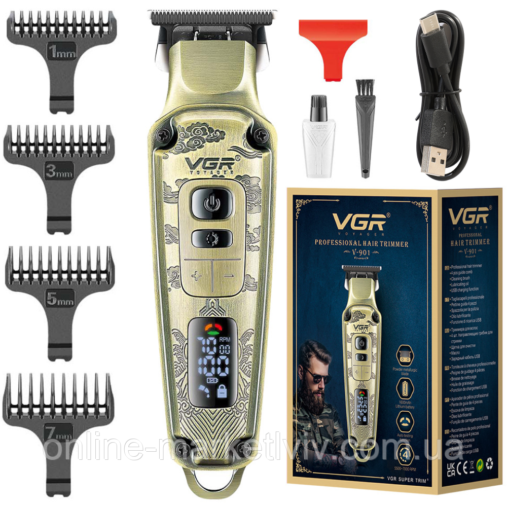 Бездротова машинка для стрижки волосся з дисплеєм + 4 насадки, VGR V-901 / Чоловічий тример для стрижки, фото 1