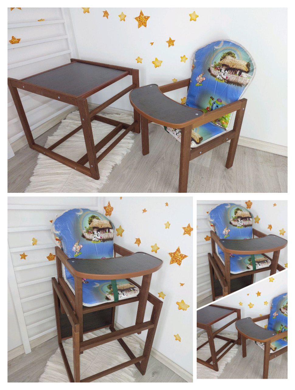 Стільчик для годування трансформер дитячий дерев'яний темний Хатинка - фото 1 - id-p2273055775
