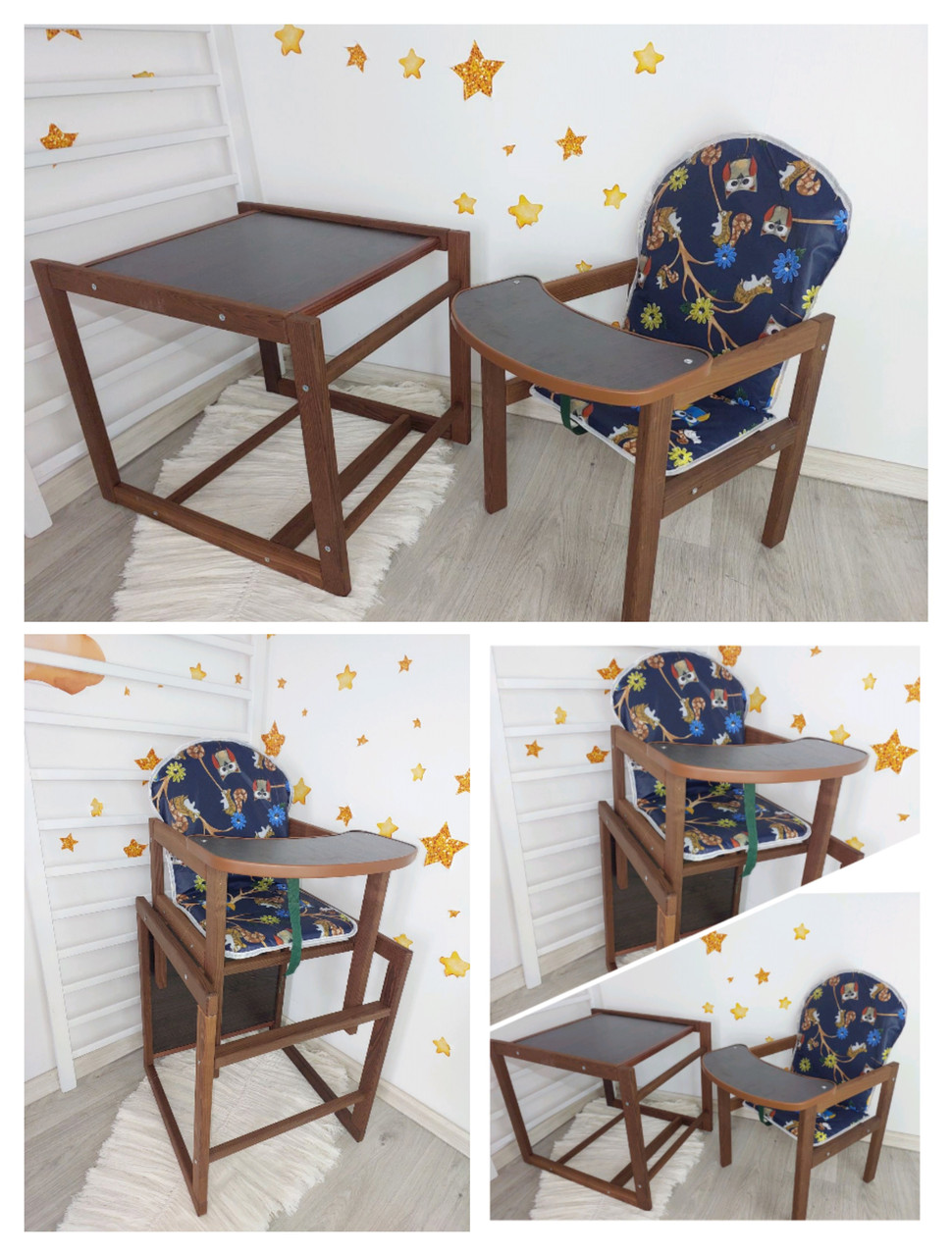 Стільчик для годування трансформер дитячий дерев'яний темний Сова на гілці - фото 1 - id-p2273060486