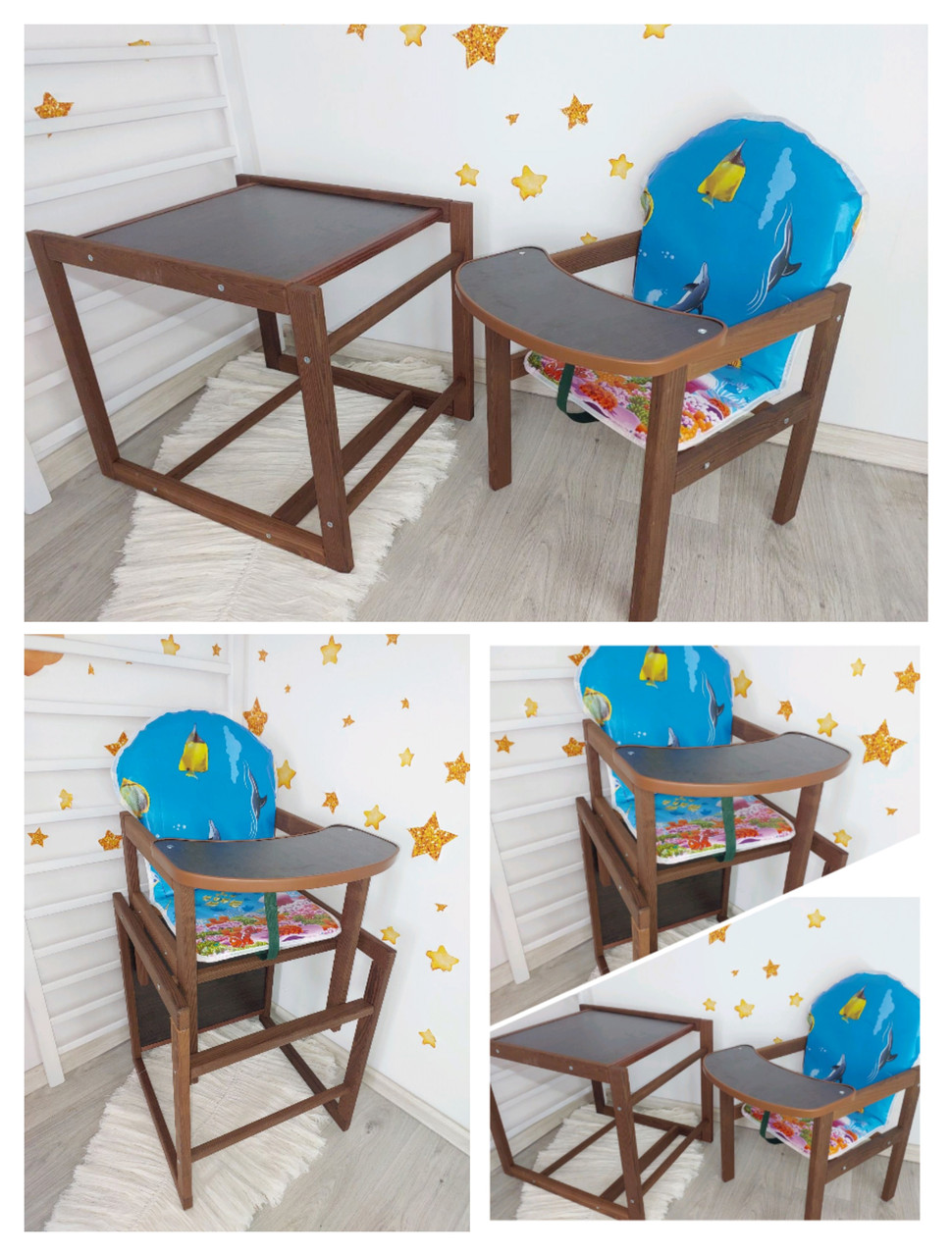 Стільчик для годування трансформер дитячий дерев'яний темний Море - фото 1 - id-p2273070742