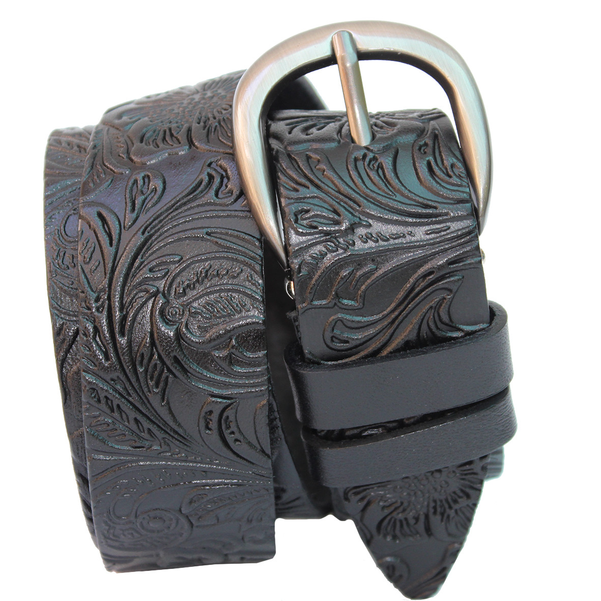 Ремінь жіночий шкіряний чорний з малюнком квіти, Львів 35 мм (RWK0162-35)