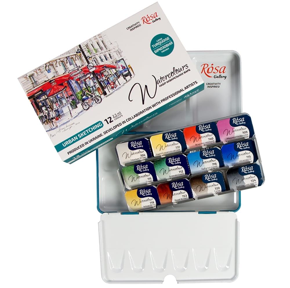 Фарба акварельна Rosa Gallery набір 12 кв. Urban Sketching у кюветах, Бірюза метал. упак. 3403412, фото 1