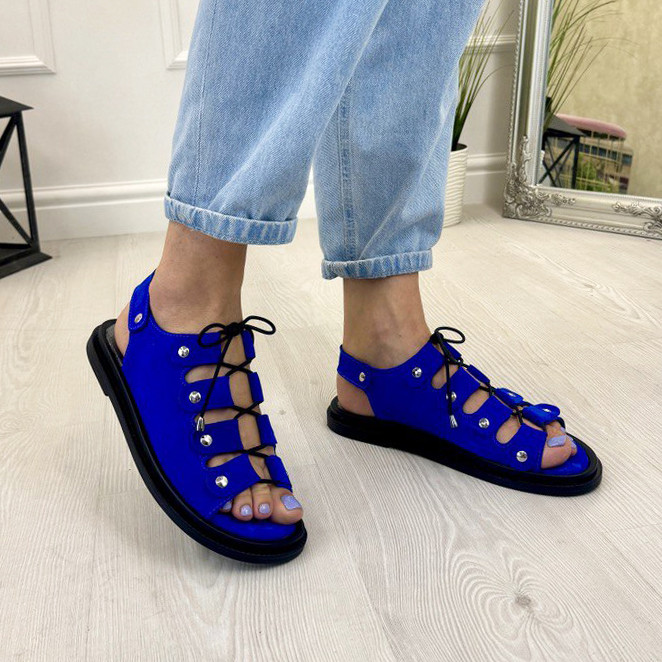 Босоніжки замшеві жіночі на низькому ходу. Колір електрик. 39 розмір, фото 1