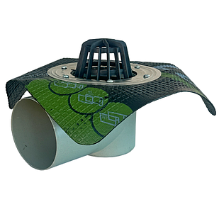 Покрівельна воронка з бітумним фартухом з горизонтальним виходом 100мм та з листоуловлювачем