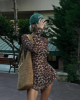 Женское сексапильное пляжное мини платье-сетка длинный рукав леопардовый принт приталенный крой 42-46 размер