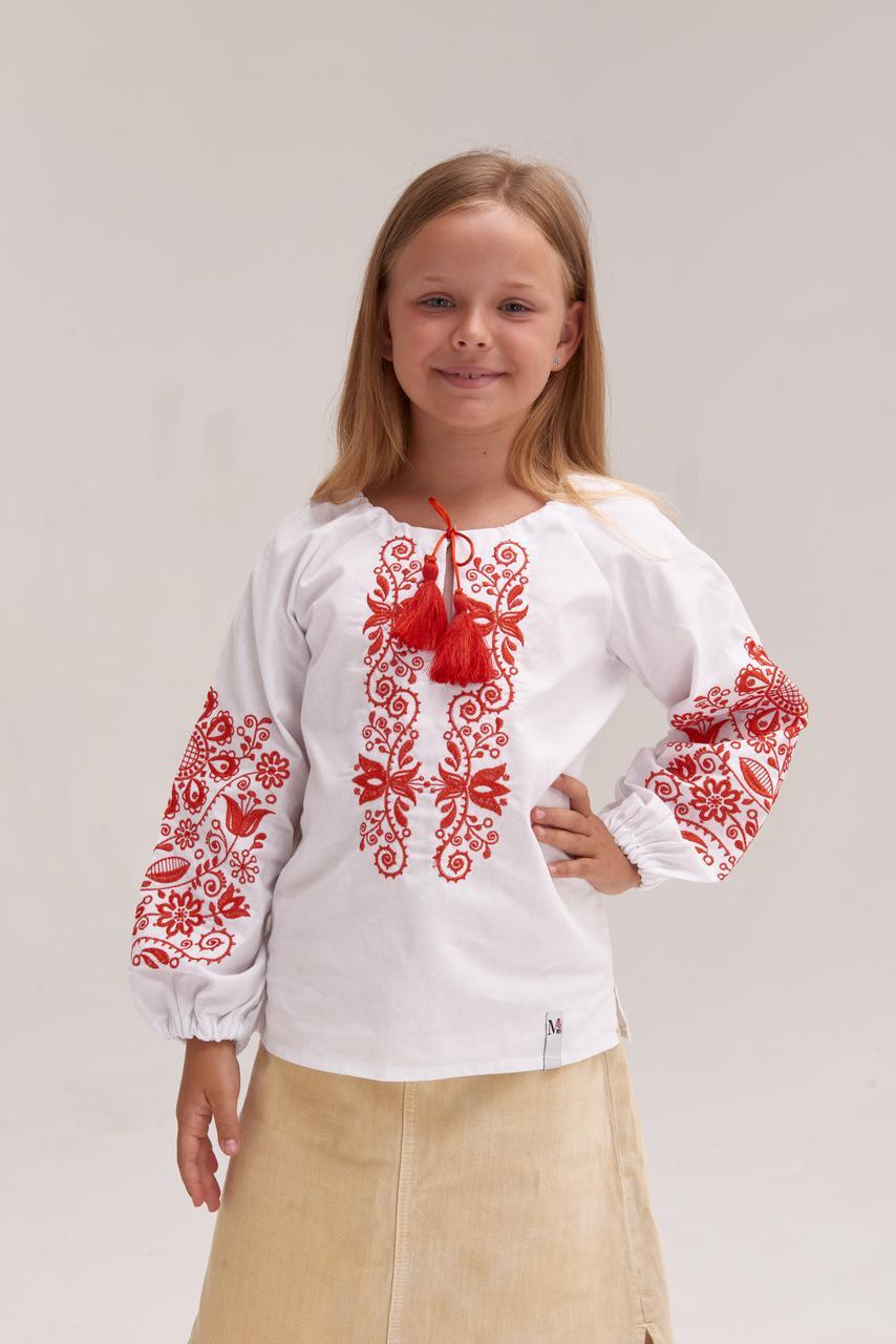 Вишиванка для дівчинки "Орнамент", дитяча блузка вишиванка біла із червоною вишивкою, фото 1