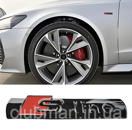 Емблема наклейка на переднє крило S-line AUDI (Ауди) 72 х 15 мм Чорний Глянець, фото 1