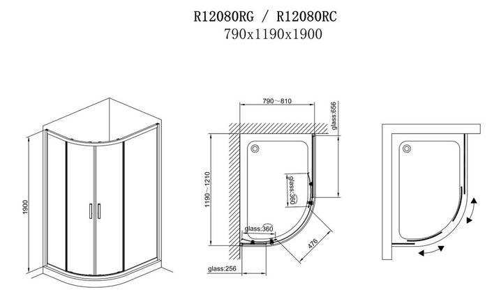 Душова кабіна Koller Pool ROUND R12080RG 120х80х190 см без піддону асиметрична розсувні двері, фото 4