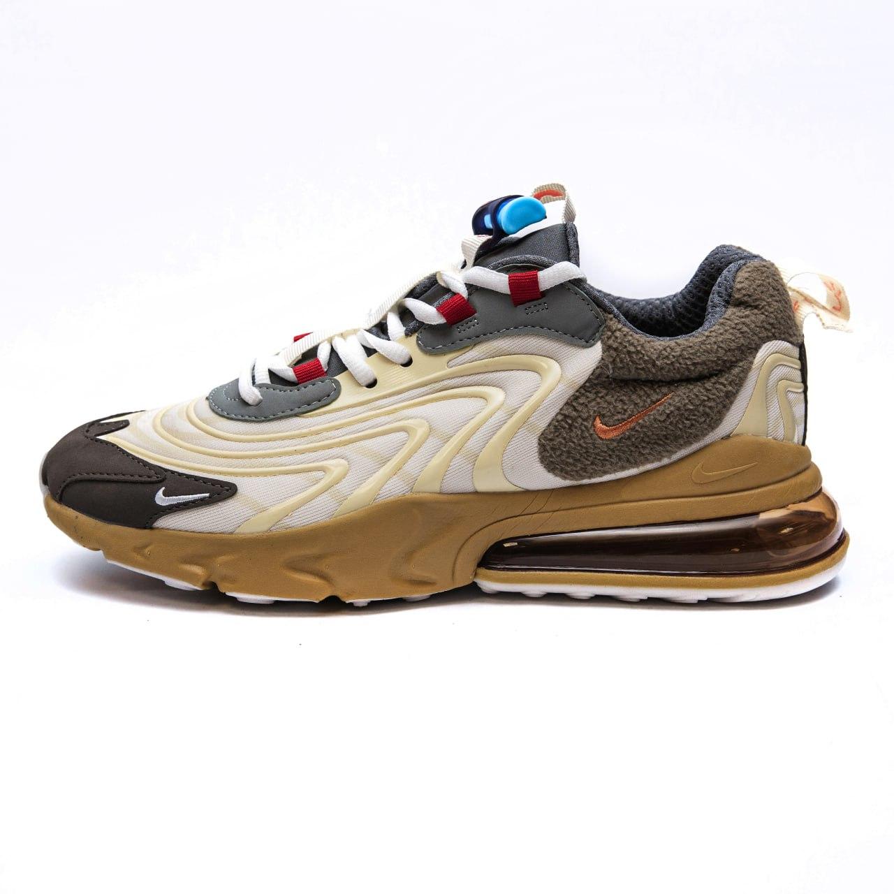 Жіночі спортивні кросівки Nike Air Max 270 React x Travis Scott (бежеві з коричневим) стильні 1605 Найк vkross, фото 1