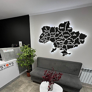 Дерев'яна мапа України на стіну з підсвіткою між областями на акриловій основі колір Black