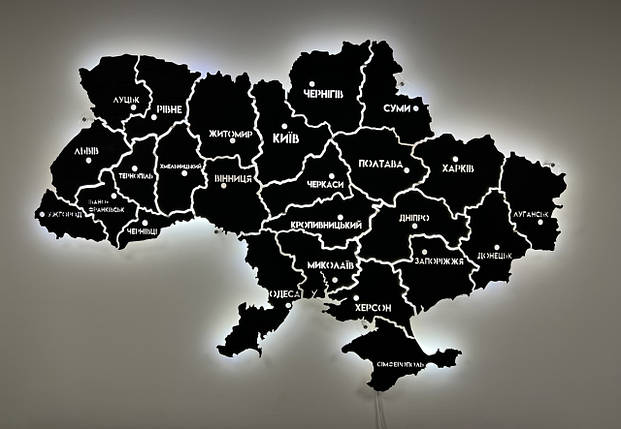 Дерев'яна мапа України на стіну з підсвіткою між областями на акриловій основі колір Black, фото 3