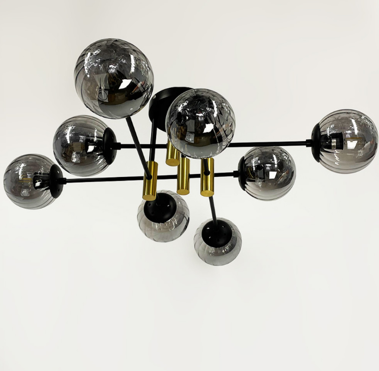 ЛЮСТРА СТЕЛЬОВА В ЧОРНОМУ КОРПУСІ НА 8 ГРАФІТОВИХ ПЛАФОНІВ ІЗ ЛАТУННОЮ ФУРНІТУРОЮ 51797/8 TBS+BK+GR, фото 1