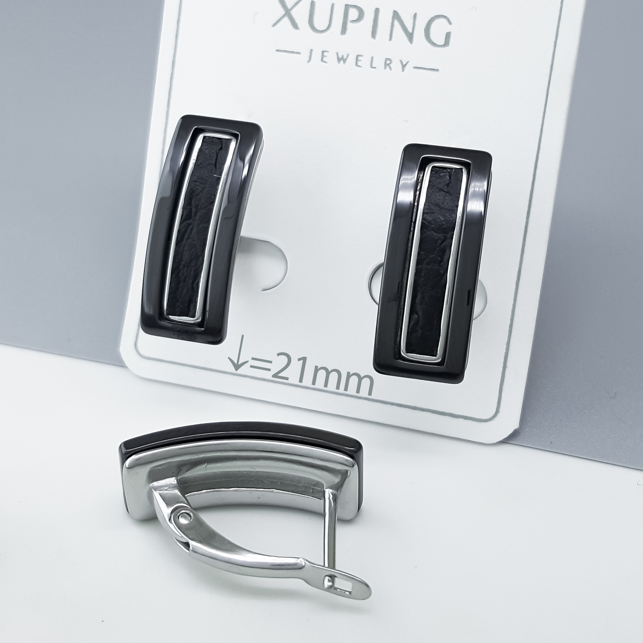 Сережки "Прямокутник" з чорною керамікою, англ, замок, медсталь Xuping, stainless steel, родій
