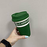 Стакан керамічний з силіконовою кришкою 360 мл Starbucks 9702 зелений з білим, фото 2