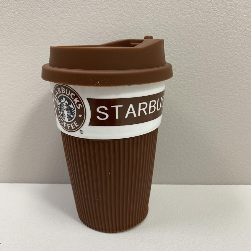 Стакан керамічний з силіконовою кришкою 360 мл Starbucks 9702 коричневий з білим, фото 1
