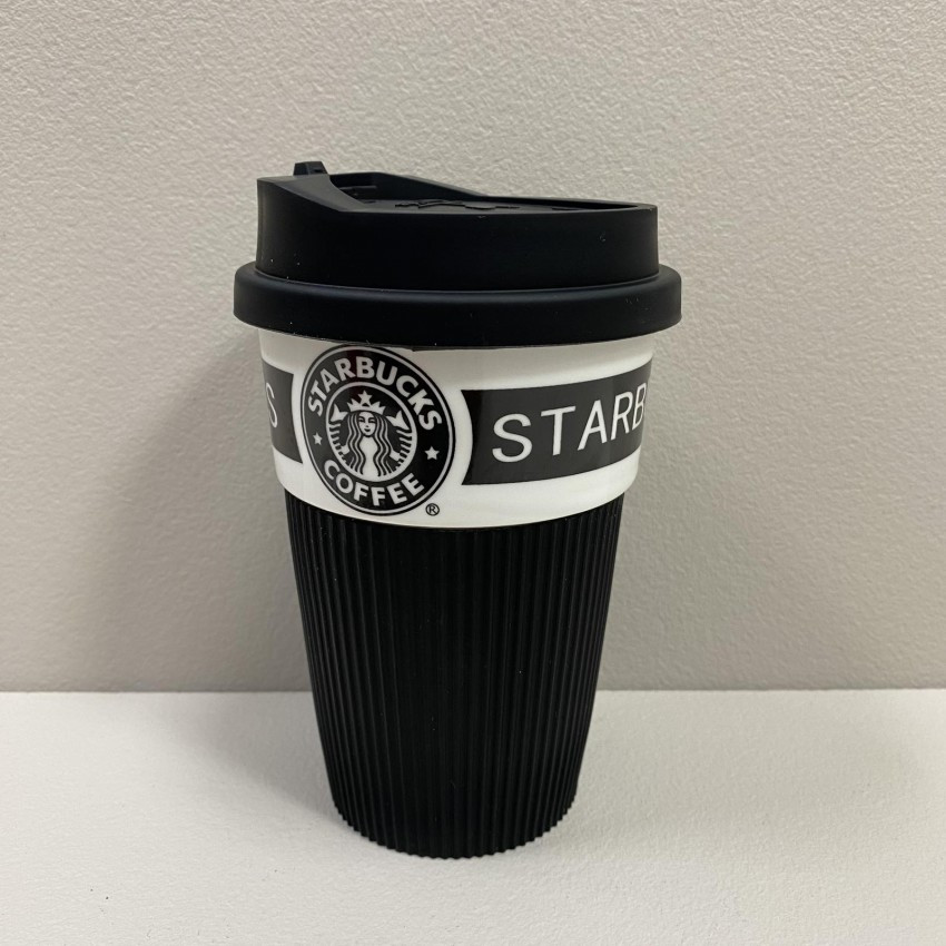Стакан керамічний з силіконовою кришкою 360 мл Starbucks 9702 чорний з білим