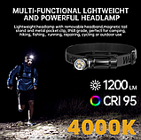 Ліхтар WURKKOS HD10 + Акумулятор (1200LM, 4000k, 3x 95-CRI LED+RGB, USB-C, IP-68, Магніт, Кліпса, Anduril 2), фото 2