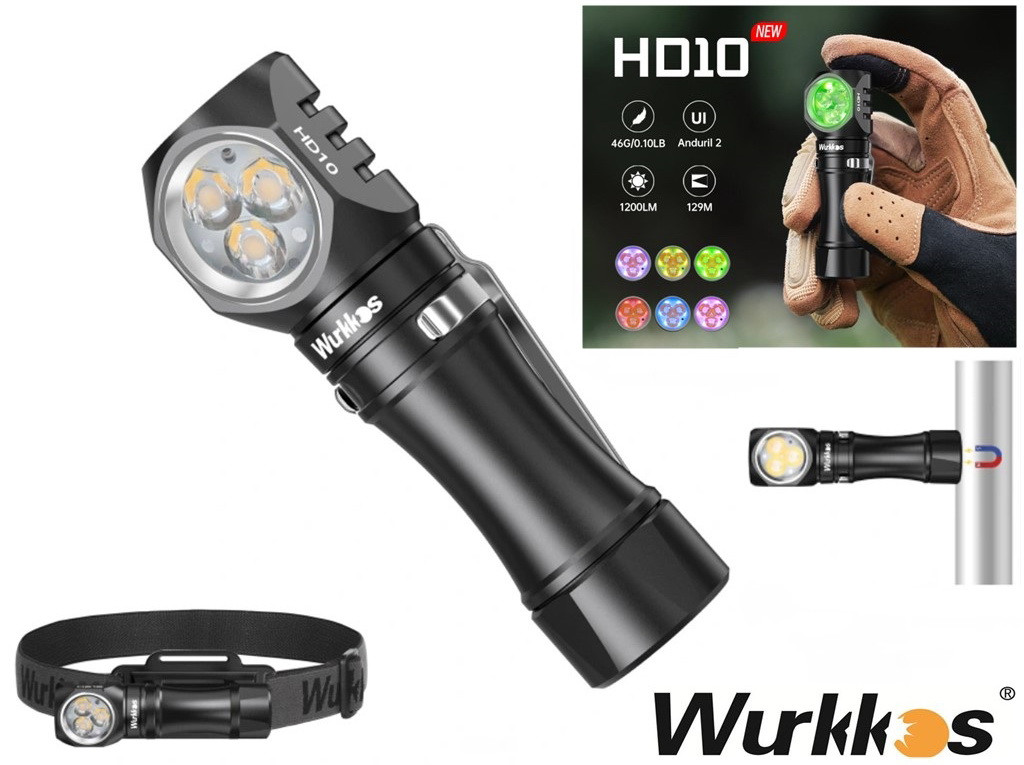 Ліхтар WURKKOS HD10 + Акумулятор (1200LM, 6000k, 3x 90-CRI LED+RGB, USB-C, IP-68, Магніт, Кліпса, Anduril 2), фото 1