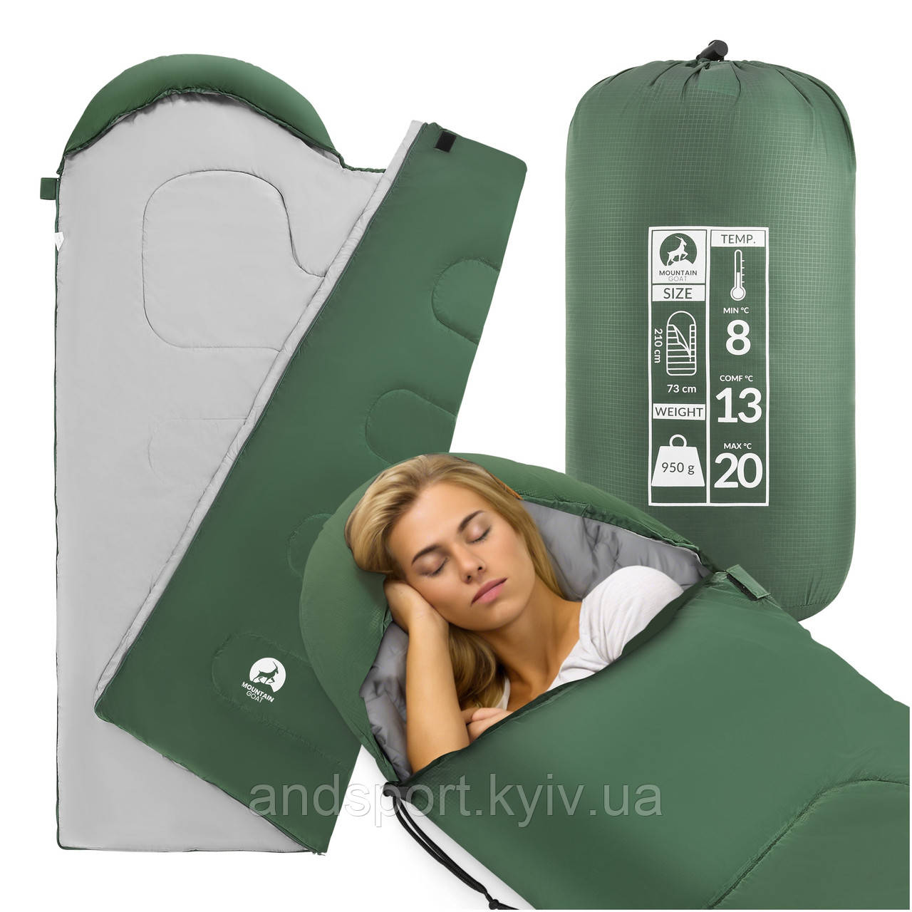 Спальний мішок (спальник) ковдра Mountain Goat 2 в 1 Standard 8...+20 °C R Olive/Grey (P-5905973400961)