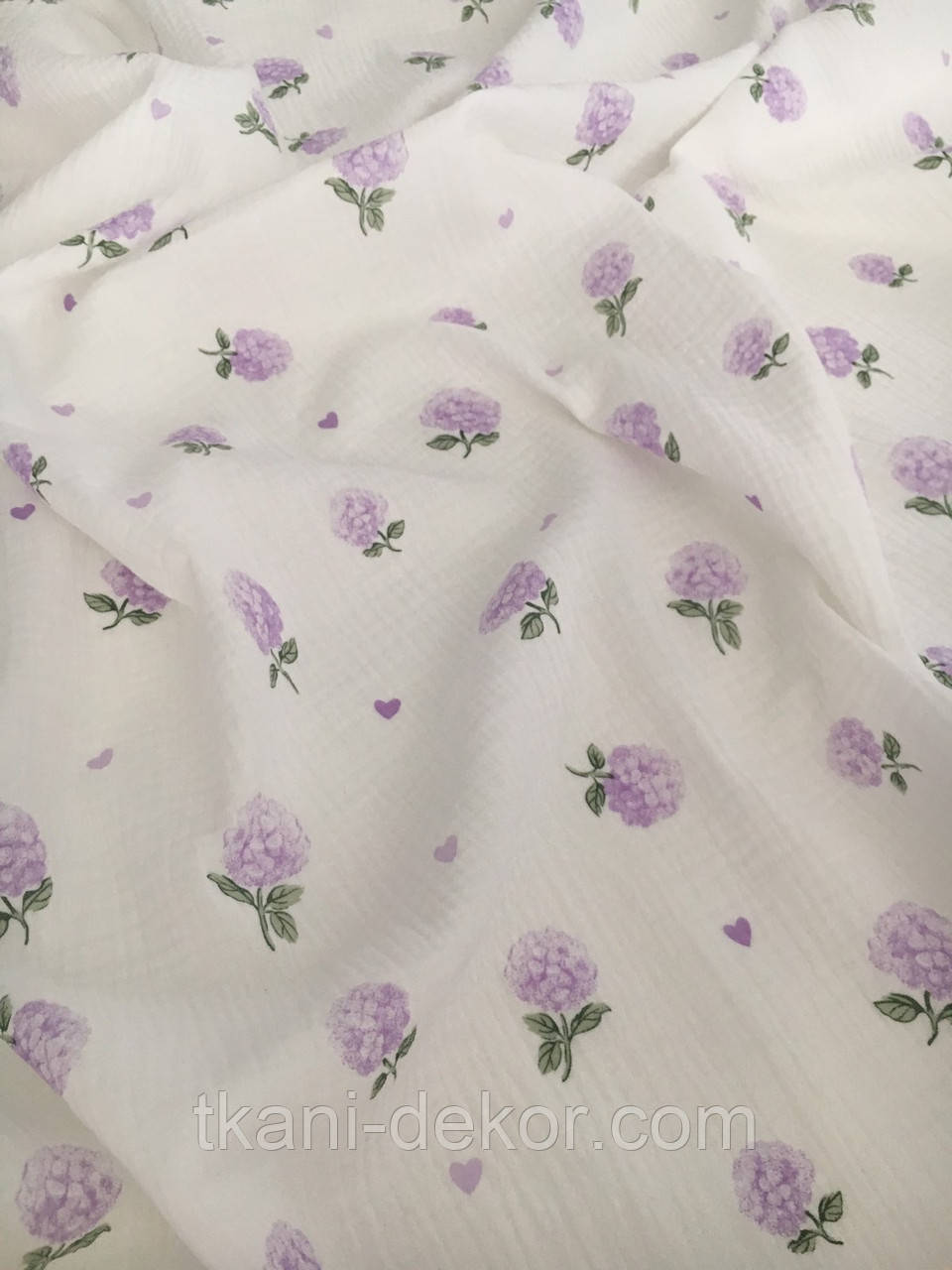 Муслін (жатка 1,35 м) бузкові гортензії та сердечка, (0,75*135см), фото 1
