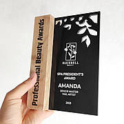 Настільна нагорода 135х190 мм, Дерево 15 мм, Акрил чорний 3 мм, ACRY
