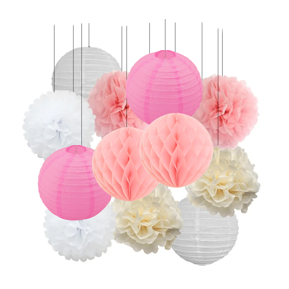 Набір з паперових кульок Ліхтарики та Помпони | Білий Рожевий Айворі
