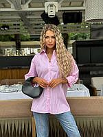 Літня жіноча сорочка "Смужка" з довгим регулювальним рукавом (Розмір S,М,L), Рожева