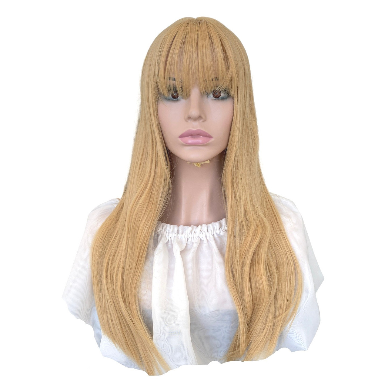 Перука довга пряма блонд із проділом і чубчиком жіноча із термоволокна блондинка 60 см, фото 1