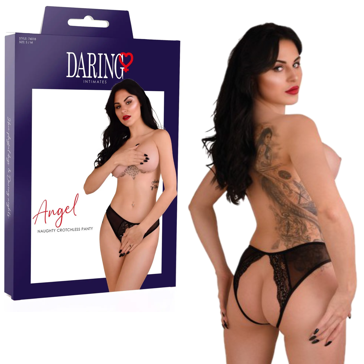 Трусики сітка з мереживними вставками та відкритим доступом чорні "Angel" Daring Intimates (розмір S/M)