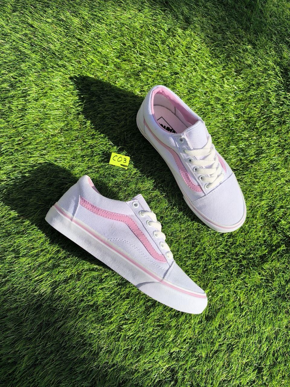 СКИДКА 38 р Білі тканинні кеди VANS white/Pink з рожевою смугою жіночі текстильні весна-літа