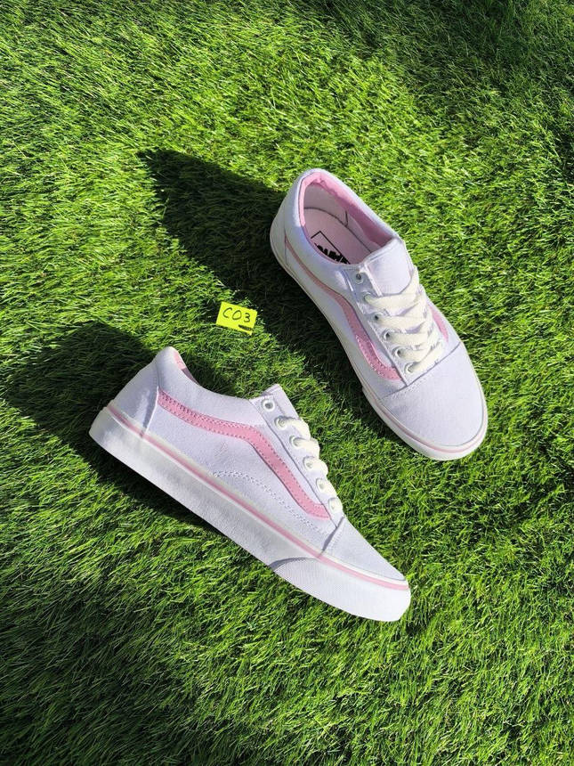 СКИДКА 38 р Білі тканинні кеди VANS white/Pink з рожевою смугою жіночі текстильні весна-літа, фото 1