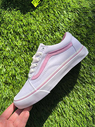 СКИДКА 38 р Білі тканинні кеди VANS white/Pink з рожевою смугою жіночі текстильні весна-літа, фото 4
