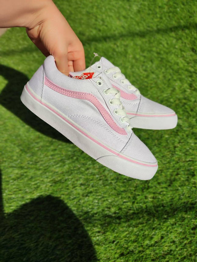 СКИДКА 37 р Білі тканинні кеди VANS white/Pink з рожевою смугою жіночі текстильні весна-літа, фото 1