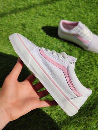 СКИДКА 37 р Білі тканинні кеди VANS white/Pink з рожевою смугою жіночі текстильні весна-літа, фото 4