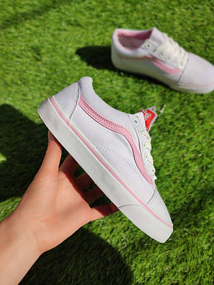 СКИДКА 37 р Білі тканинні кеди VANS white/Pink з рожевою смугою жіночі текстильні весна-літа, фото 3