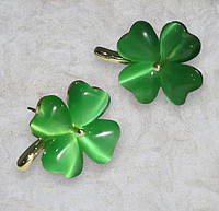 Сережки жіночі під золото Liresmina Jewelry сережки гвоздики пусети Ніфритова зелена конюшина на удачу
