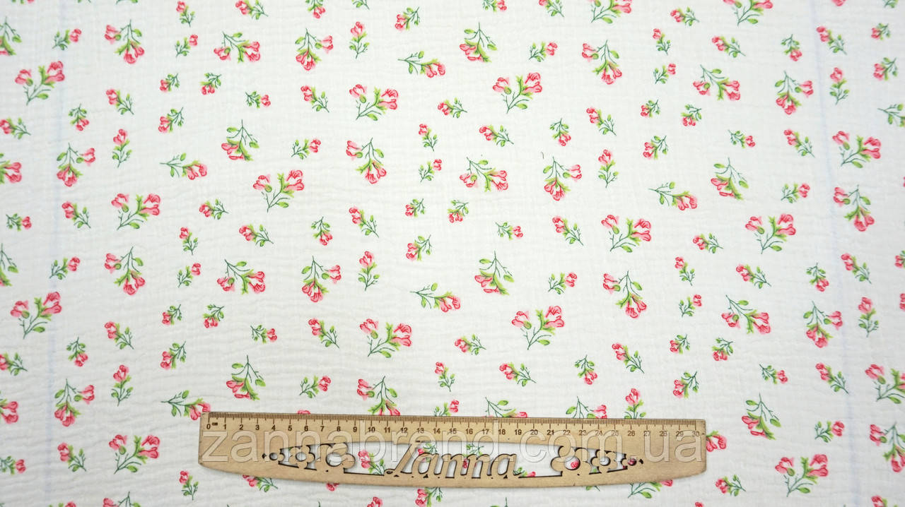 Тканина муслін жатий двошаровий колір молочний "Квітковий шепіт" (рожеві квіти), фото 1