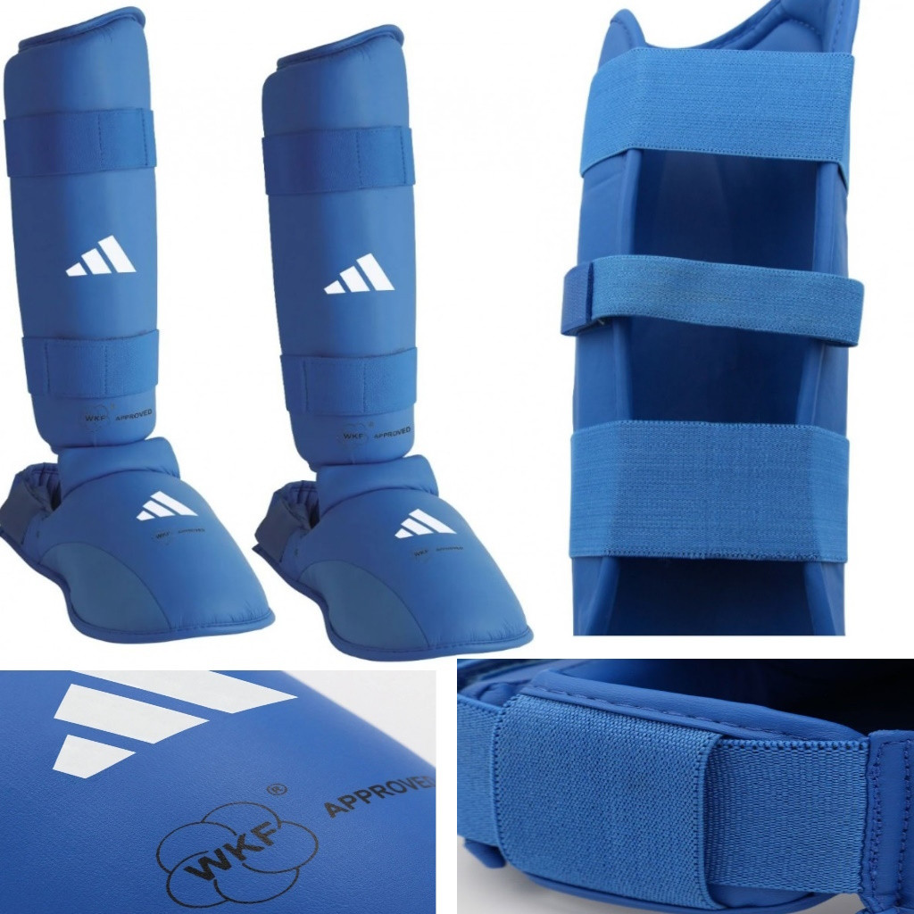Захист гомілки та стопи для карате Adidas з ліцензією WKF синя зі знімною стопою захист з усіх боків.