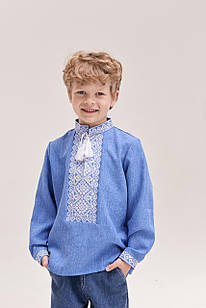 Вишиванка для хлопчика "Богдан", дитяча сорочка кольору денім з білою вишивкою