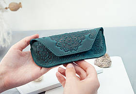 Футляр для окулярів шкіряний темно-бірюзовий з орнаментом Квітучий Сад | очешник шкіра