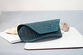 Футляр для окулярів шкіряний темно-бірюзовий з орнаментом Карпати | очешник шкіра