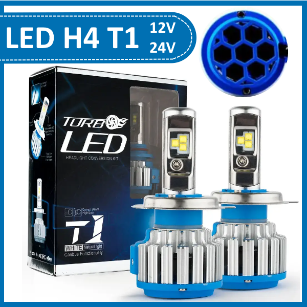 Світлодіодні LED лампи для авто H4 12V-24V T1 6000K 3500L активне охолодження+обманка