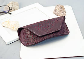 Футляр для окулярів шкіряний бордовий з орнаментом Квітучий Сад | очешник шкіра