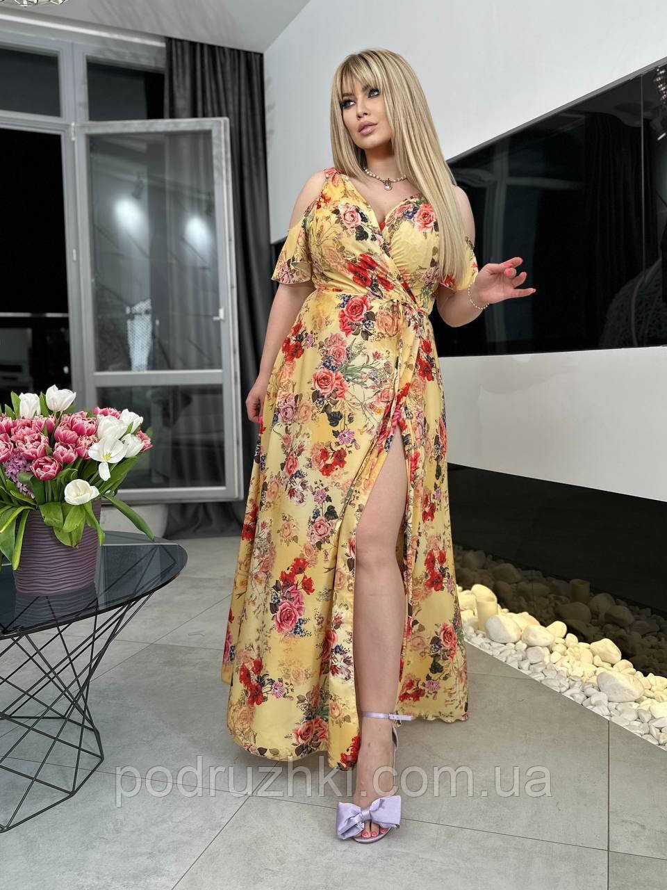 Довга літня сукня на запах Тканина креп-шовк Розміри 48-52,54-58,60-64,66-70, фото 1