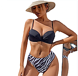 Жіночий купальник чорний ліф з пушапом на зав'язці, плавки у білу смужку, фото 6