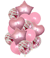 Набір повітряних і фольгованих кульок Рожевий мікс з конфетті 14 шт на день народження