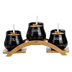 Набір банок для чаю кави цукру по 500 мл з керамічними ложками на дерев'яній підставці Lugi, ємності зберігання сипучих продуктів