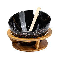 Салатник із ложкою Ø 25 см тарілка для салату чорна на дерев'яній підставці Lugi