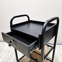 Візок косметологічний чорний із ящиком та скляними полицями столик для майстра тату мод R-9_ST