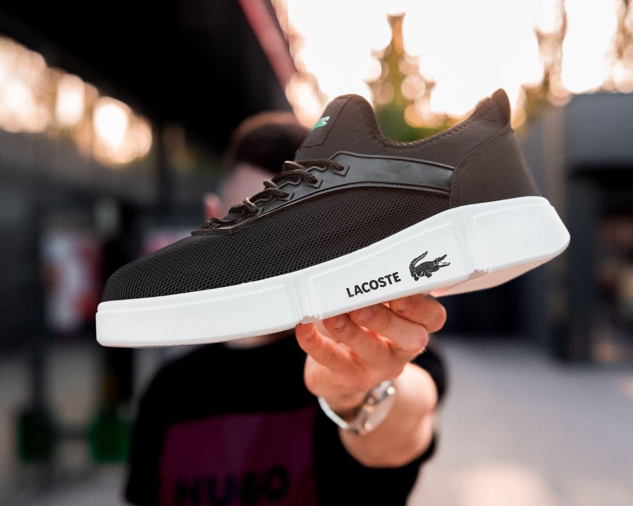 Чоловічі кросівки Lacoste Black White Кеди для чоловіків низькі Лакоста чорно білі сітка літні